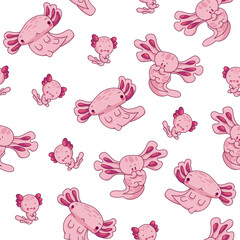 Cute axolotl character. Seamless pattern. Kawaii ambystoma amphibian different poses. Vector drawing. Design ornaments.