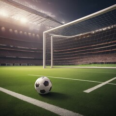 Fototapeta premium a soccer field with a soccer ball in front of the goal