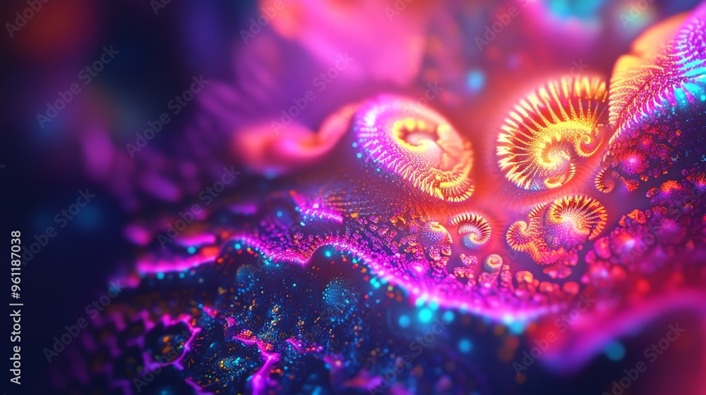 Poster abstract glowing fractal art with neon colors and intricate patterns.