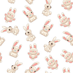 Obraz premium Cute rabbit character. Seamless pattern. Kawaii cartoon hare. Vector drawing. Design ornaments.