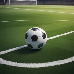 a soccer field with a soccer ball in front of the goal
