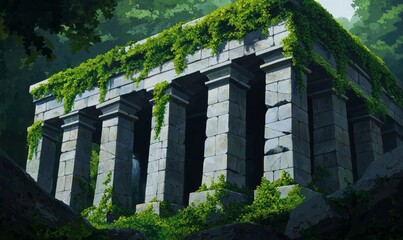 Naklejka premium overgrown stone temple ruins with lush greenery in a mysterious forest landscape.
