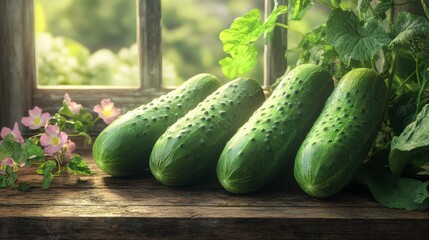 Organic cucumber harvest, fresh cucumbers on a rustic table, 3D illustration