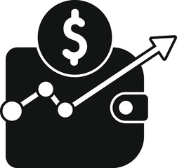 Black and white icon of a wallet with a growing chart and a dollar coin, representing increasing wealth and financial success