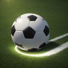 a soccer field with a soccer ball in front of the goal