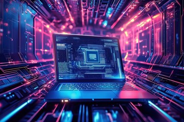 Obraz premium A futuristic laptop with code on the screen surrounded by vibrant neon lights depicting a digital, high-tech environment.