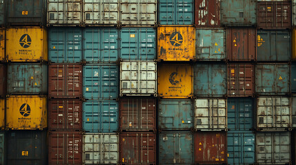 Fototapeta premium A close-up of stacked cargo containers at a port
