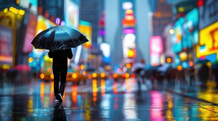 Fototapeta premium Person with Umbrella Walking in Rainy Cityscape