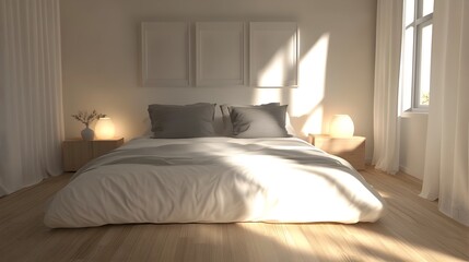 Cozy and Inviting Bedroom with Minimalist Decor and Natural Light Streaming Through Window
