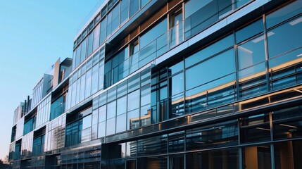 Modern building in aluminum siding and flat angled roofline and front windows.
