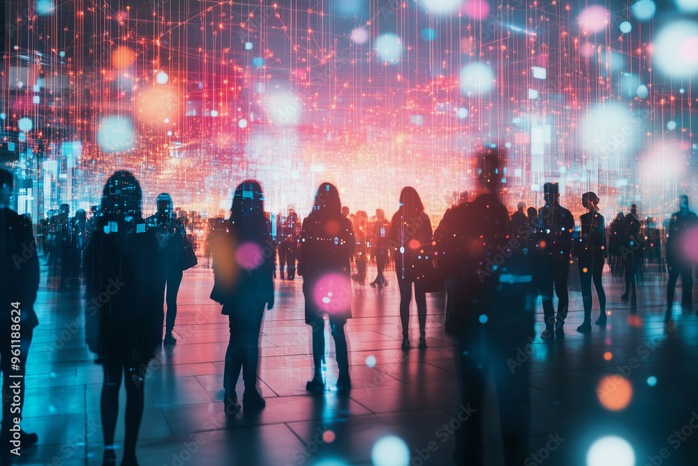 Poster group of people are walking in a large room with a blue background. the people are walking in a line