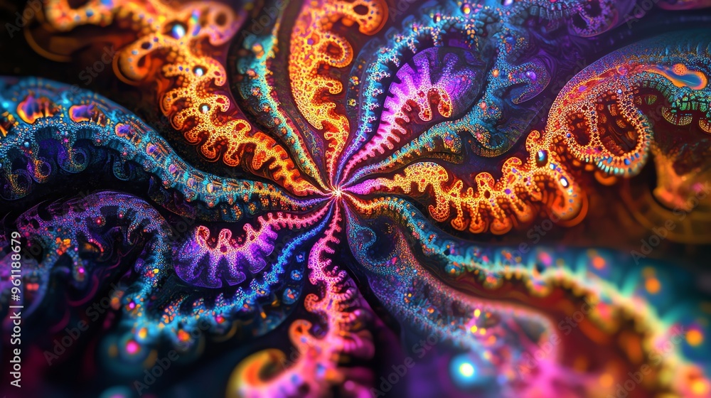Poster abstract fractal art with swirling patterns in vibrant colors.