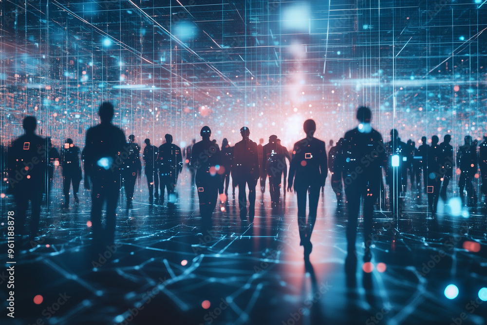 Poster group of people are walking in a large room with a blue background. the people are walking in a line