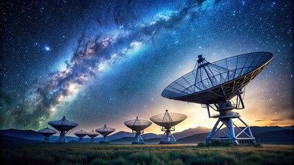 Landscape with radio telescopes on ground and satellites in starry night sky, stars, celestial, satellites, discovery, astronomy equipment, communication, observatory,landscape