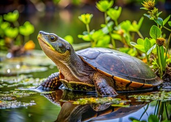 Obraz premium A gentle Florida soft-shelled turtle emerges from the tranquility of a murky lake, its mottled shell blending with the surrounding vegetation.