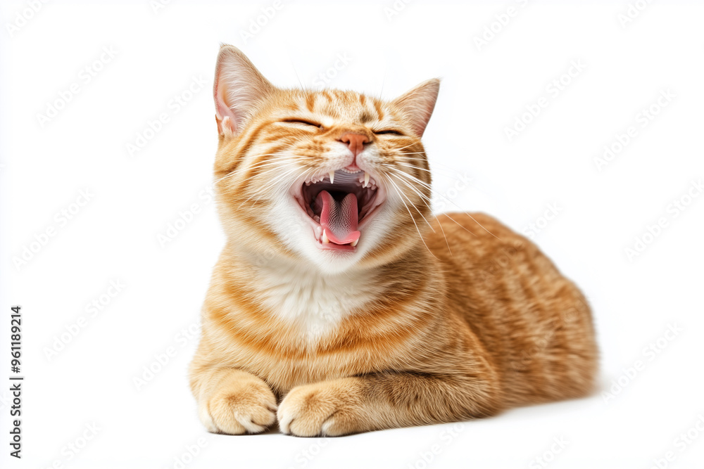 Poster cat with its mouth open and teeth showing. the cat is orange and has a striped pattern