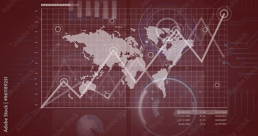 Poster world map with data points and graphs, financial data processing animation