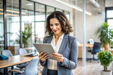Fototapeta premium Smiling businesswoman using tablet in bright office