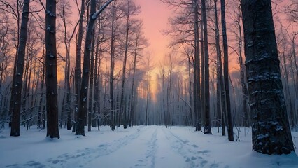 Winter landscape in forest full of tall trees with no leaves, cold view evening in horizon