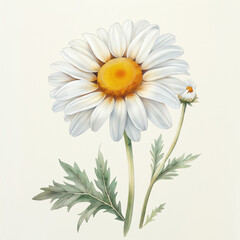 White watercolour chamomile daisy matricaria marguerite spring flower illustration on light backdrop. Floral blossom concept
