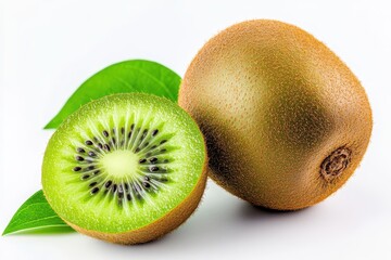 Fototapeta premium A whole and sliced kiwi fruit with green flesh and black seeds, accompanied by green leaves.