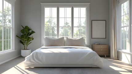 Serene and Bright Bedroom with Expansive Windows and Minimalist Decor