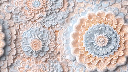 Intricate pastel mandalas in soft hues of light peach, baby blue, and pale lavender, forming a symmetrical,