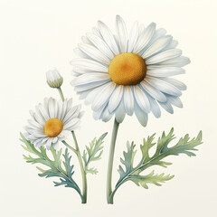 Fototapeta premium White watercolour chamomile daisy matricaria marguerite spring flower illustration on light backdrop. Floral blossom concept