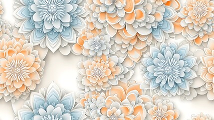 Fototapeta premium Intricate pastel mandalas in soft hues of light peach, baby blue, and pale lavender, forming a symmetrical,