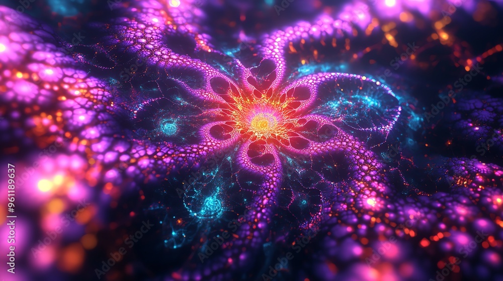 Poster abstract digital art of a glowing flower with intricate patterns.