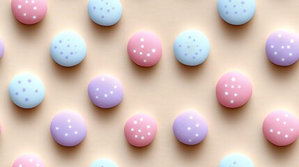 Obraz premium Light pastel polka dots in blush pink, lavender, and pale blue evenly spaced across a warm cream background, evoking a soft, tranquil atmosphere perfect for children’s decor --ar 16:9 --no logo --tile