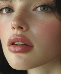 Fototapeta premium Close-up Portrait of a Woman with Minimalist Expressive Makeup, Glossy Lips, and Defined Lashes