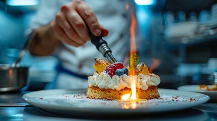 Fototapeta premium A Chef Elegantly Flambéing a Decadent Dessert with Colorful Fruits and Creamy Whipped Topping