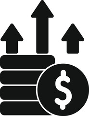Black and white icon of a dollar coin increasing in value with three upward arrows