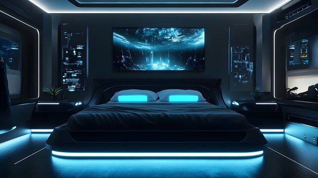 Futuristic Illuminated Bedroom in Sleek Sci Fi Interior Design