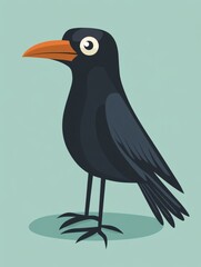 Fototapeta premium A cartoon raven with a bright orange beak against a soft green background, ideal for playful and whimsical designs.