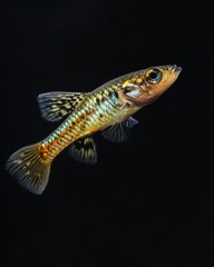 Fototapeta premium the Snakeskin Guppy Fish, portrait view, white copy space on right, Isolated on black Background