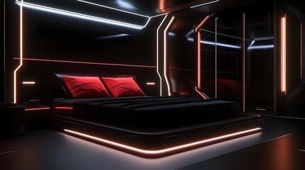 Obraz premium Futuristic Minimalist Bedroom with Glowing Neon Lights and Abstract Technology Decor