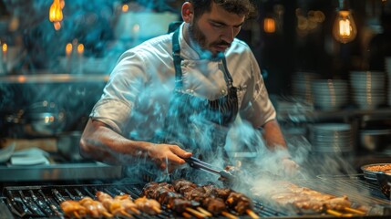 Fototapeta premium A Culinary Masterpiece: Chef Skillfully Grilling Succulent Meats in an Upscale Restaurant