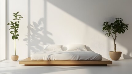 Cozy Minimalist Bedroom with Natural Lighting and Potted Plants