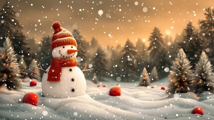 Fototapeta premium A snowman on his hat, wearing a scarf around his neck, standing in the middle of a snowy landscape, surrounded by evergreen trees