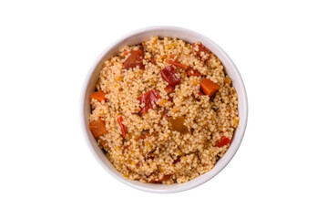 Delicious hot boiled wheat porridge couscous with vegetables