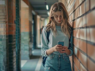Teen Girl Absorbed in Smartphone in School Corridor, modern connectivity, casual style
