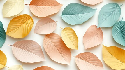 Soft pastel leaves in muted tones of pale yellow, light teal, and blush pink,