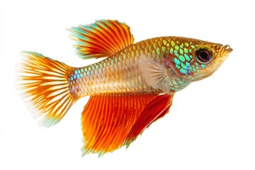 Mystic portrait of Mosaic Guppy Fish in studio, copy space on right side, Close-up View, isolated on white background