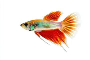Fototapeta premium Mystic portrait of Fancy Guppy Fish in studio, copy space on right side, Close-up View, isolated on white background