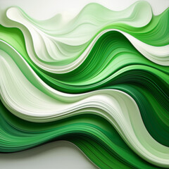 3D wave from curve and flowing line against white background with white, light green, green and dark green across image representing flow, rhythm and continuity with Generative AI Technology