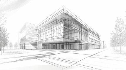 Pencil sketch, blueprint Exterior view of a typical American school
