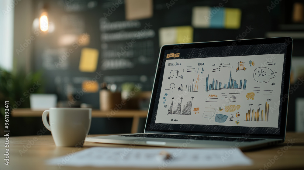 Poster a laptop displaying business graphs and charts sits on desk with coffee cup, creating productive wor
