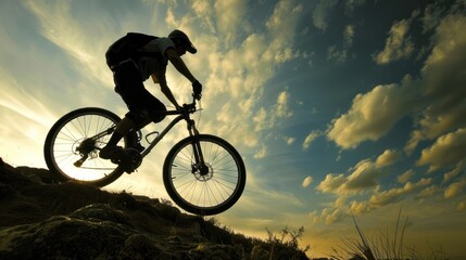 Naklejka premium Mountain Biker Silhouetted Against a Cloudy Sky